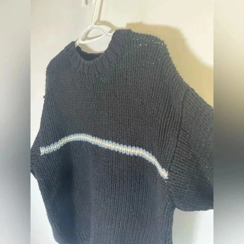 Vintage 90s Mens J Crew Hand Knit Black Wool Chunky‎ Striped Crew Sweater Sz L